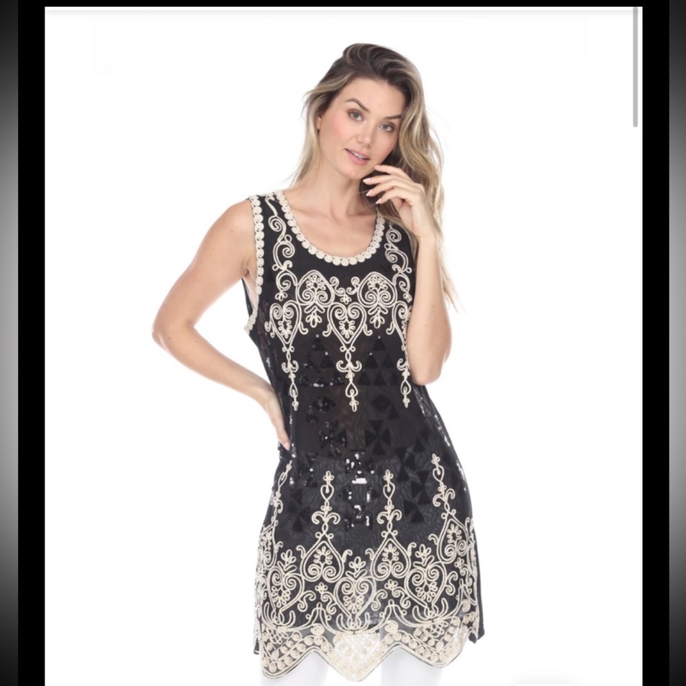 Simply Couture Sleeveless Scoop Neck Sheer Crochet Accent Soutache Sequin Tunics